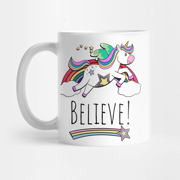Flying Unicorn Hearts And Rainbow Inspirational Believe by brodyquixote